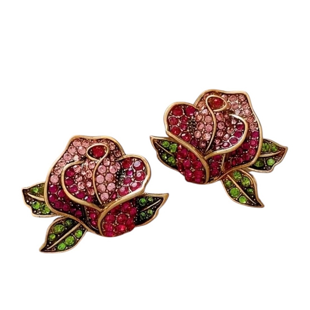 Colorful Rhinestone Rose Stud Earrings - Picture 1 of 3